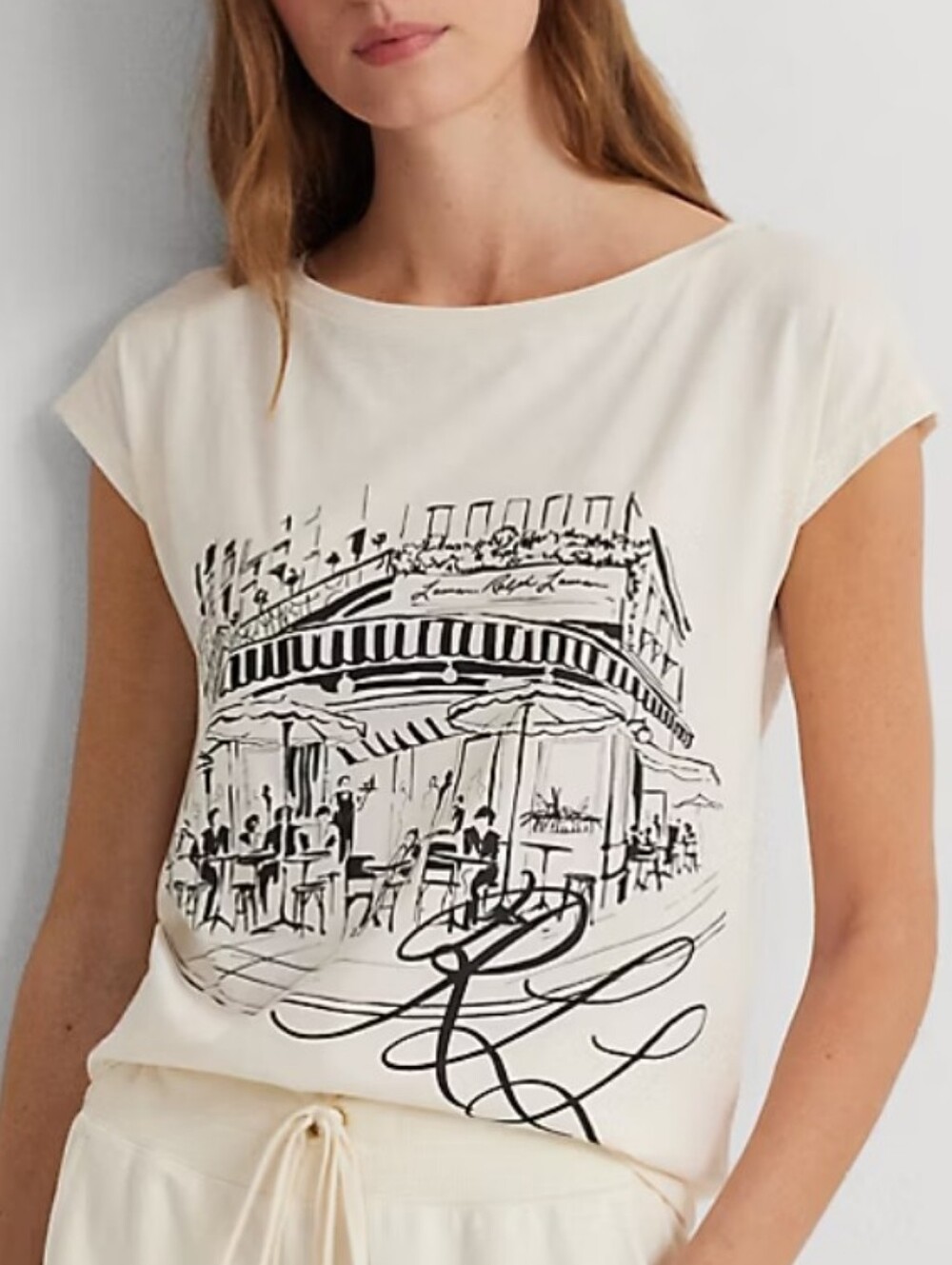 Ralph Lauren Cream Graphic Café-Illustration Short Sleeve Tee Size Medium Petite